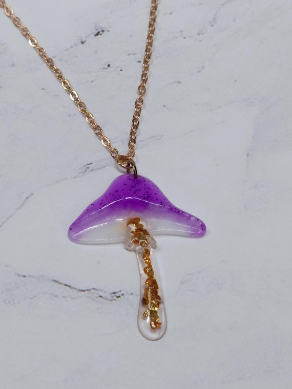 Rose Gold Colored Stainless Steel Chain with Purple Mushroom Resin Pendant Necklace