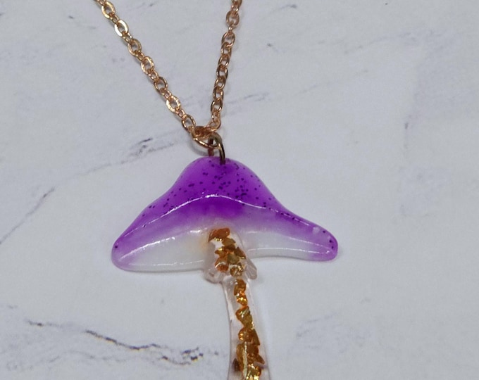 Rose Gold Colored Stainless Steel Chain with Purple Mushroom Resin Pendant Necklace