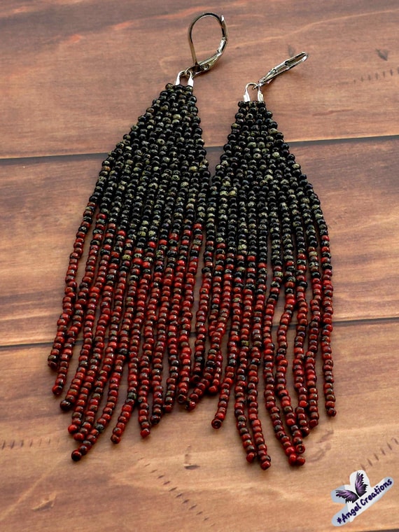 Black & Red Tye-Dye Muyuki Delica Glass Sead Bead Fringe Dangly Earrings