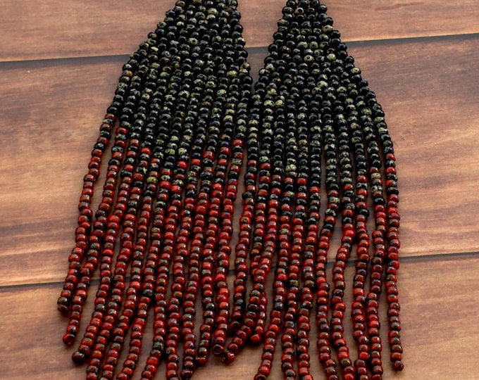 Black & Red Tye-Dye Muyuki Delica Glass Sead Bead Fringe Dangly Earrings