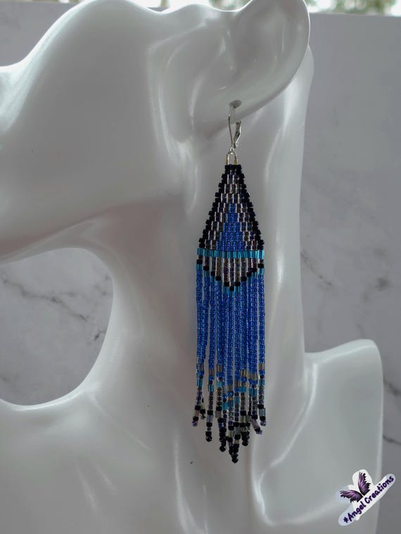 Black & Blue Muyuki Delica Glass Sead Bead Fringe Dangly Earrings