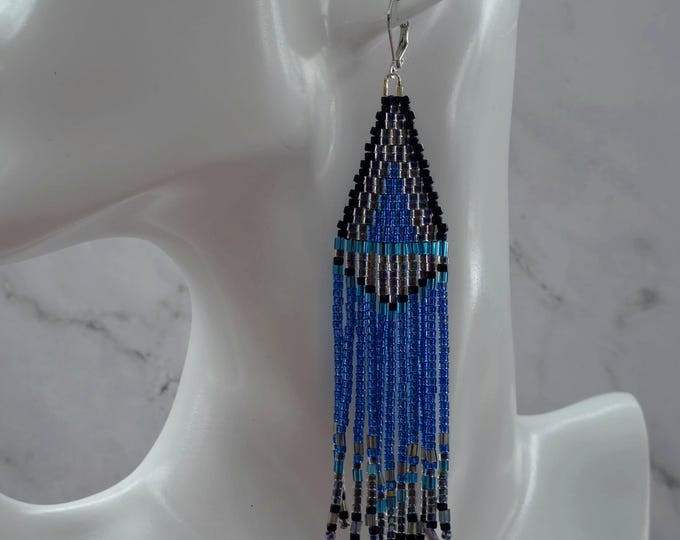 Black & Blue Muyuki Delica Glass Sead Bead Fringe Dangly Earrings