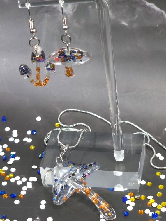 Mushroom Necklace & Earring Jewelry Set: Stainless Steel Snake Chain and Hook Style Earrings