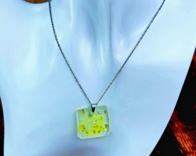 Yellow Resin Pendant Necklace: Stainless Steel Chain Necklace