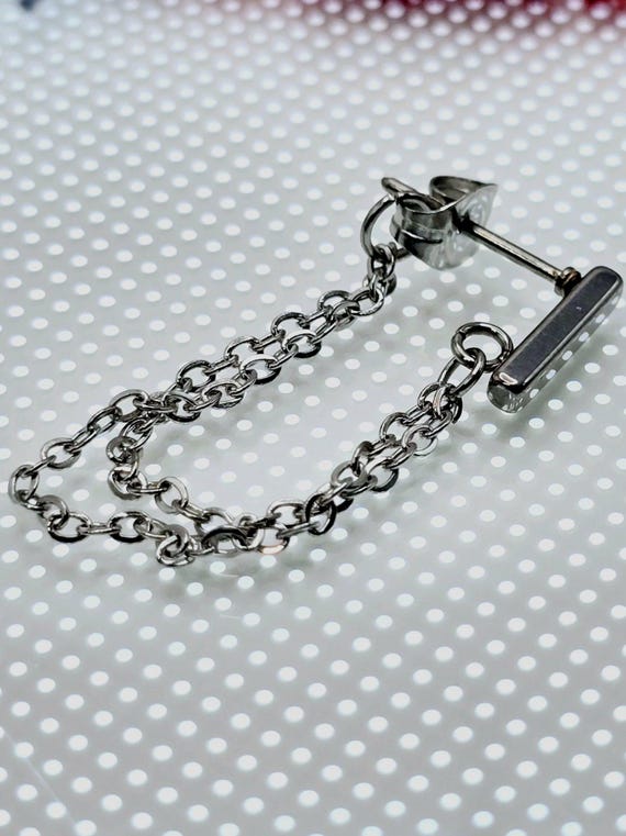 Silver Stainless Steel Dangly Double Chain Stud Earrings