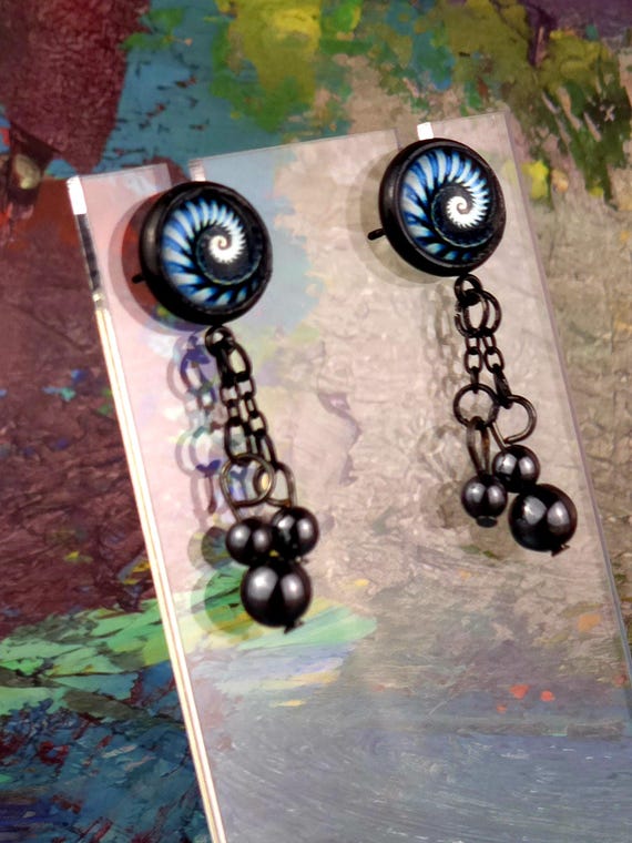 Swirl Bezel Dome Stainless Steel Post Stud Earrings with Dangly Beads