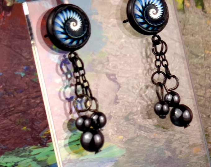 Swirl Bezel Dome Stainless Steel Post Stud Earrings with Dangly Beads