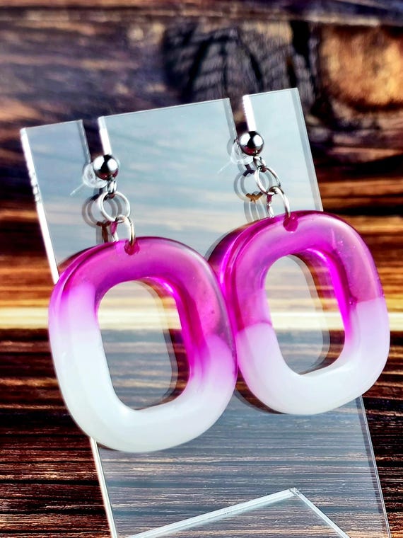 Pink & White Hoop Stainless Steel Ball Post Dangle Earrings
