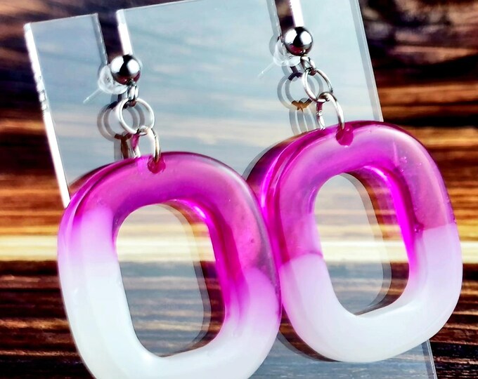 Pink & White Hoop Stainless Steel Ball Post Dangle Earrings