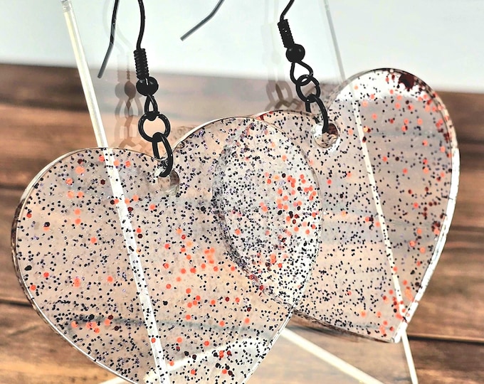 Black Glittery Heart Earrings