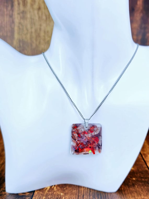 Red Swirl Resin Pendant Stainless Steel Chain Necklace
