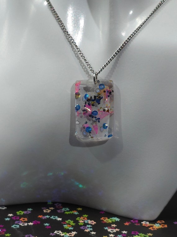 Stainless Steel Snake Chain Necklace with Colorful Glitter Resin Pendant