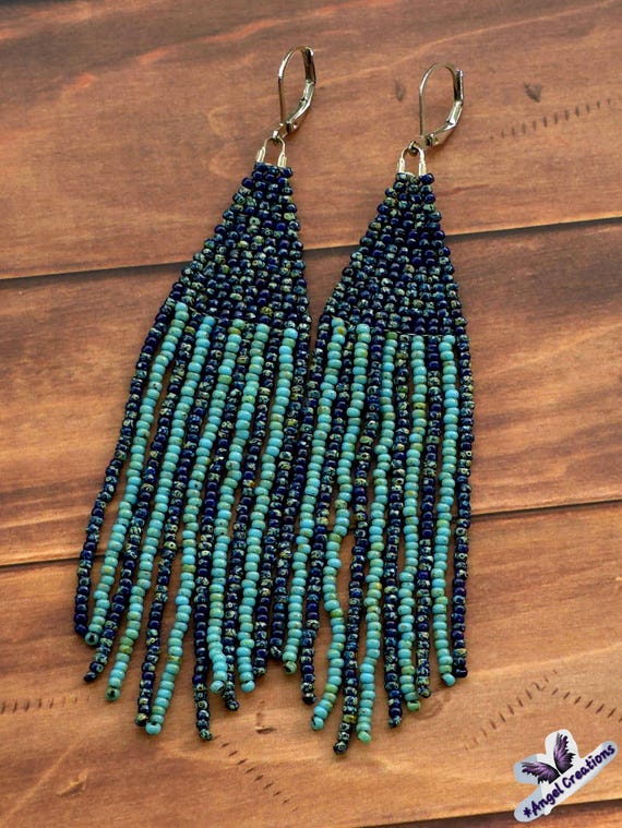 BlueTye-Dye Muyuki Delica Glass Sead Bead Fringe Dangly Earrings