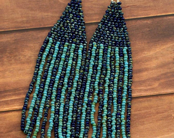 BlueTye-Dye Muyuki Delica Glass Sead Bead Fringe Dangly Earrings