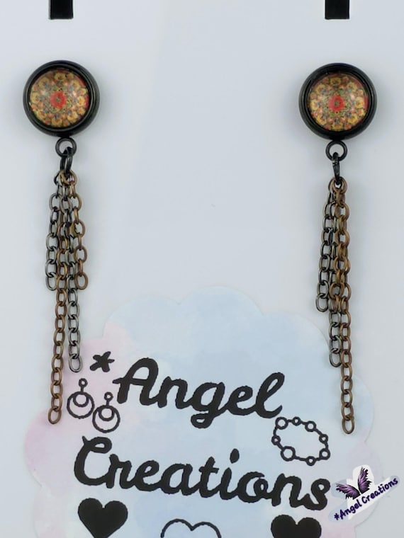 Orange Bezel Dome Stainless Steel Post Stud Earrings with Dangly Chains