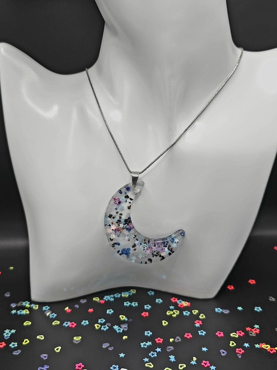Moon Pendant with Confetti: Stainless Steel Snake Chain Necklace