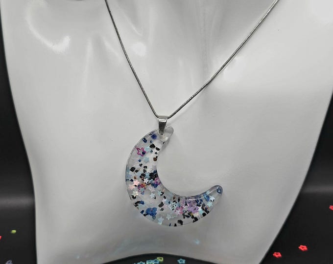 Moon Pendant with Confetti: Stainless Steel Snake Chain Necklace