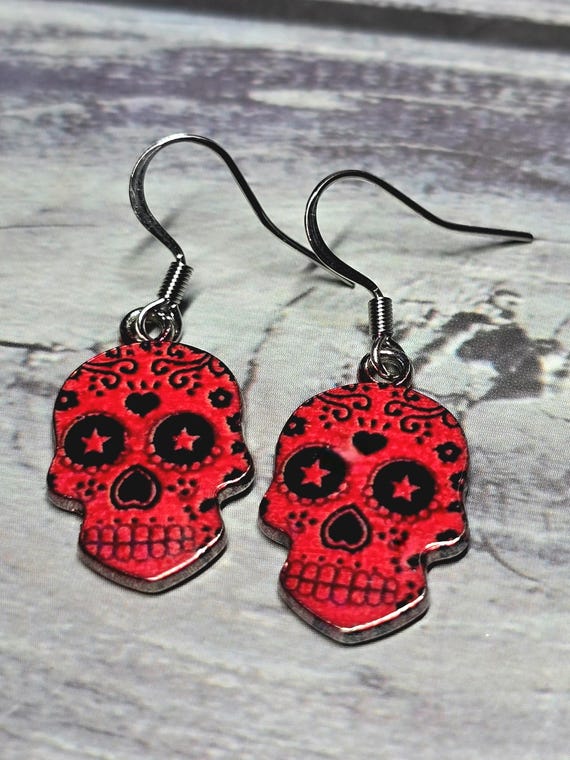 Silver Dangle SugarSkull Fishhook Earrings
