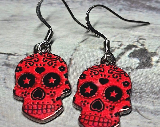 Silver Dangle SugarSkull Fishhook Earrings