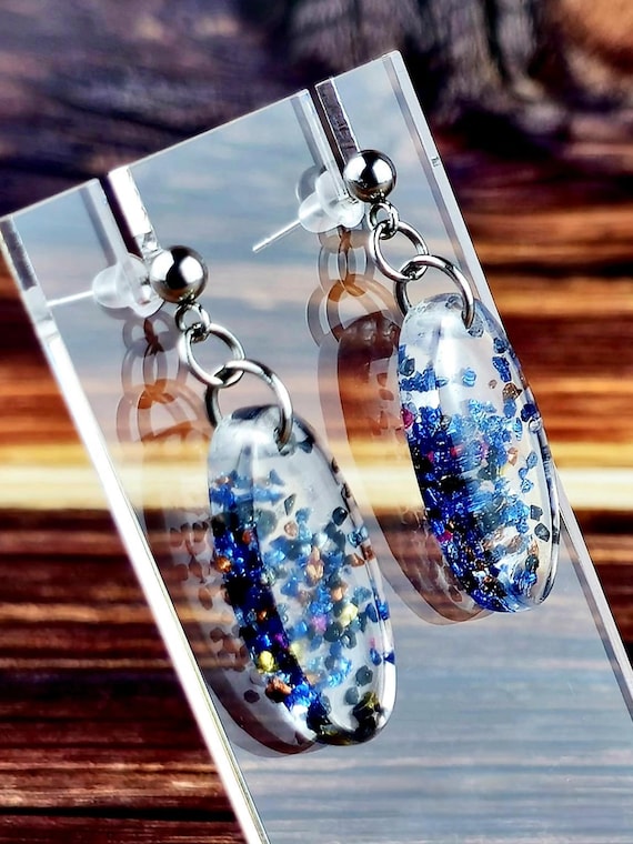 Clear & Blue Ball Post Dangly Resin Earrings