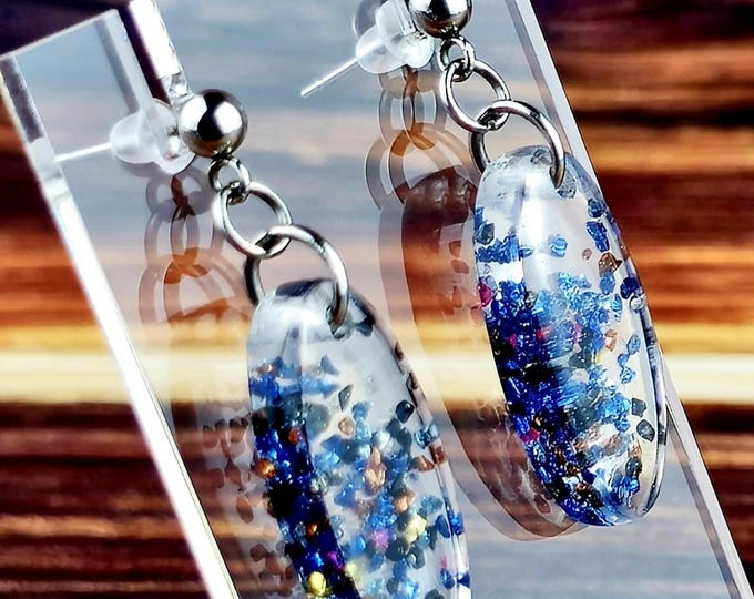 Clear & Blue Ball Post Dangly Resin Earrings