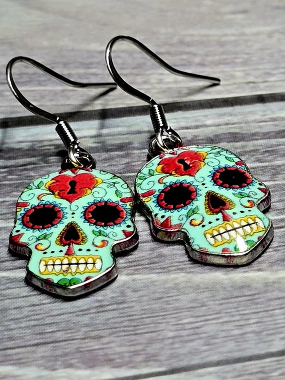 Silver Dangle SugarSkull Fishhook Earrings