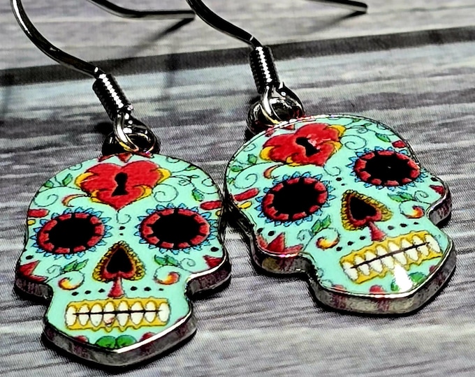 Silver Dangle SugarSkull Fishhook Earrings