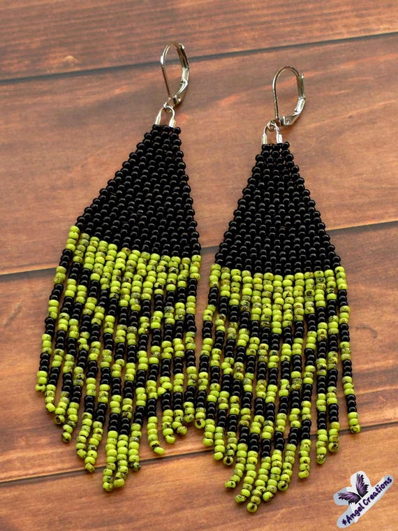 Black & Green Tye-Dye Muyuki Delica Glass Sead Bead Fringe Dangly Earrings