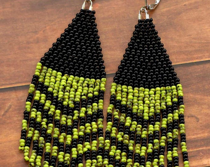 Black & Green Tye-Dye Muyuki Delica Glass Sead Bead Fringe Dangly Earrings
