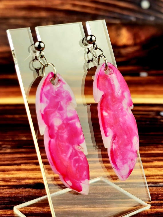 Pink & White Feather Dangly Resin Stainless Steel Ball Post Earrings
