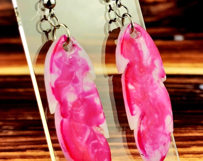 Pink & White Feather Dangly Resin Stainless Steel Ball Post Earrings