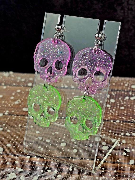 Pink & Green Skull Stainless Steel Dangly Ball Post Earrings