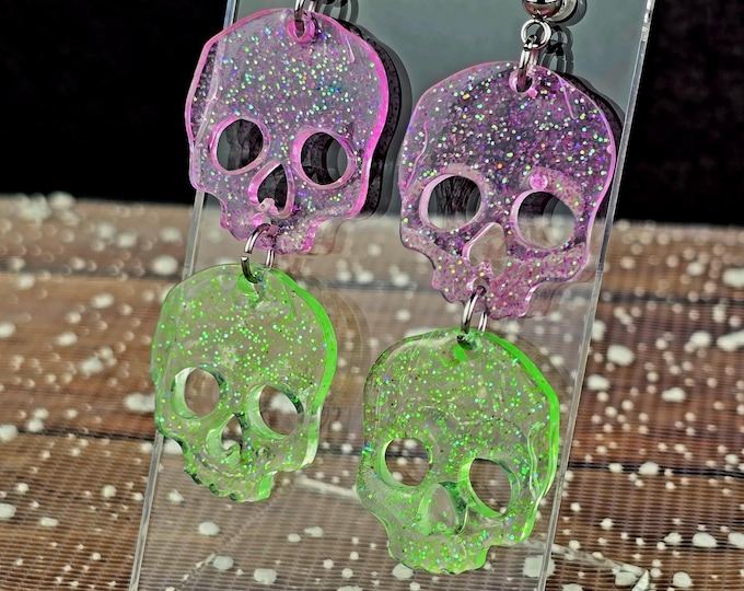 Pink & Green Skull Stainless Steel Dangly Ball Post Earrings