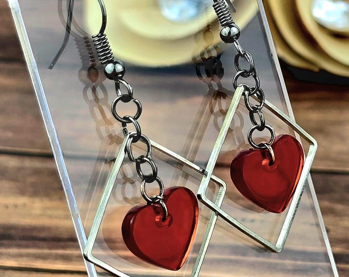 Dangly Red Heart Earrings