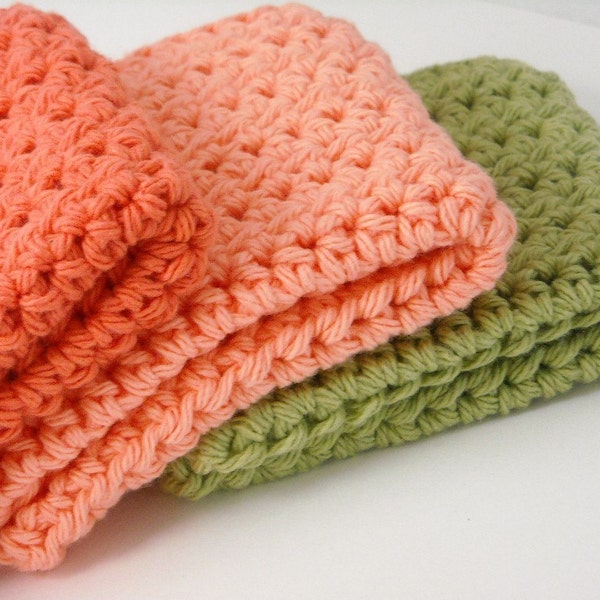 Crochet Dishcloth Cotton Tangerine, Peach, Country Green Fall Colors Set of 3 Durable and Washable