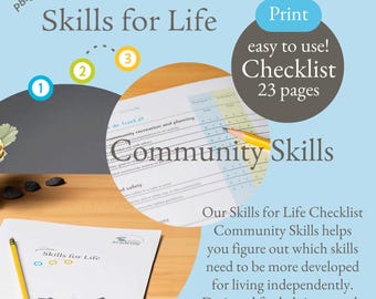 May include: A blue and white graphic with the text "Skills for Life" and "Community Skills." The image includes a checklist with a pencil, and the text "easy to use! Checklist 23 pages."