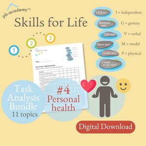 May include: A printable task analysis worksheet for applying lip balm. The worksheet is part of a bundle of 11 topics for teaching life skills. The worksheet is titled "Skills for Life" and features a colorful design with a smiling person and a heart.