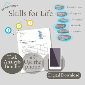 May include: A printable worksheet for teaching life skills. The worksheet is titled "Skills for Life" and features a task analysis for using a landline phone. The worksheet includes a table with steps for making a phone call and a visual aid of a phone. The worksheet is part of a bundle titled "Task Analysis Bundle".