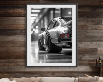 Porsche 930 Poster | Vintage Porsche 911 Turbo Print | Rear View Porsche 911 Poster | Luxury Sport Wall Art | Black and White Car Print