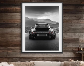 Poster Porsche 911 noir et blanc, impression d&#39;art Porsche 911 Turbo 1991, téléchargement numérique art mural Porsche, impression poster Porsche 911 déco