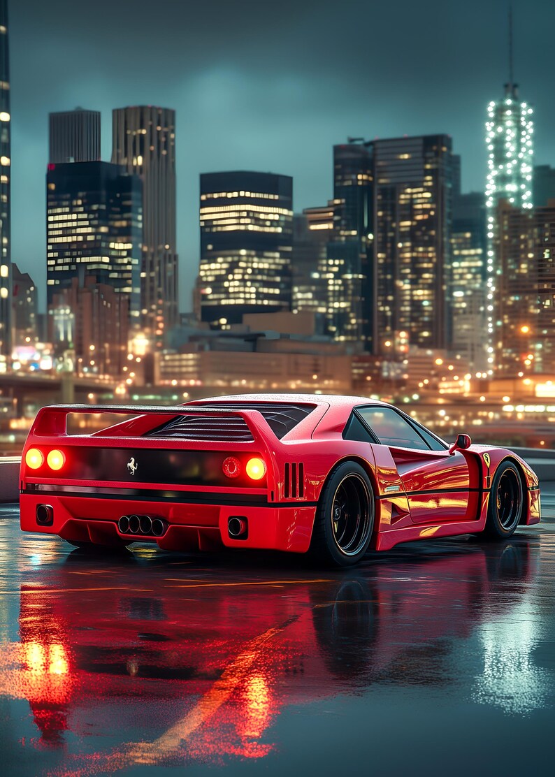 Ferrari F40 Poster in City Night Classic Supercar Art Print, Iconic Red Ferrari Wall Decor for