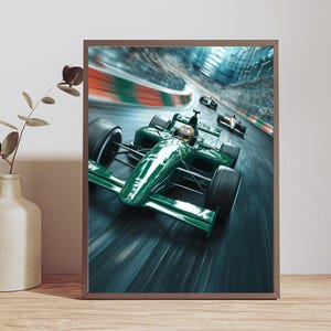 High-Speed Green Formula 1 Racing Poster - Dynamic F1 Car Art Print - Perfect Wall Decor for Motorsport Fans, Man Cave, or Office Space