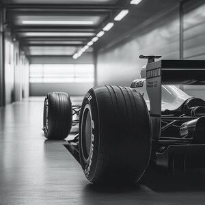 Stunning black and white photograph of a Formula 1 race car in a sleek garage setting, emphasizing the power and precision of motorsports engineering. Perfect for fans of automotive art and masculine decor for man caves.  f1 wall art, f1 poster