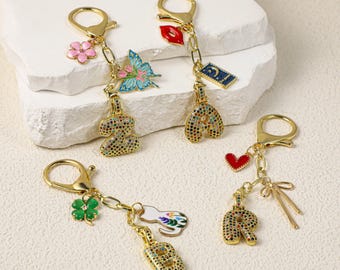 Custom keychain, personalized bag charm, handbag accessory, bridesmaid gift, initial and birthstone keychain, Christmas gift for her