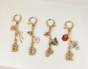 Custom keychain, personalized bag charm, handbag accessory, bridesmaid gift, initial and birthstone keychain, Christmas gift for her