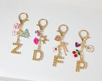 Custom keychain, personalized bag charm, handbag accessory, bridesmaid gift, initial and birthstone keychain, Christmas gift for her