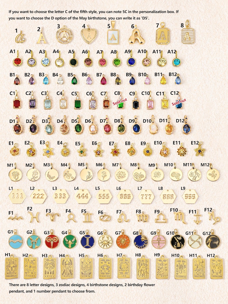 K&ouml;nnte beinhalten: Eine Sammlung goldfarbener Schmuckanh&auml;nger in Reihen, mit Buchstaben, Geburtssteinen, Blumenmotiven, Zahlen, Sternzeichen und rechteckigen Anh&auml;ngern im Tarot-Stil. Anweisungen zur Personalisierung sind oben und unten im Bild enthalten.