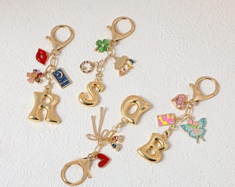 Custom keychain, personalized bag charm, handbag accessory, bridesmaid gift, initial and birthstone keychain, Christmas gift for her