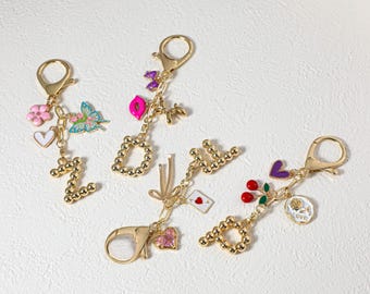 Custom keychain, personalized bag charm, handbag accessory, bridesmaid gift, initial and birthstone keychain, Christmas gift for her
