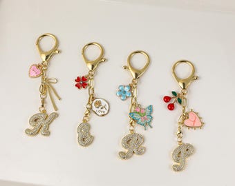 Custom keychain, personalized bag charm, handbag accessory, bridesmaid gift, initial and birthstone keychain, Christmas gift for her